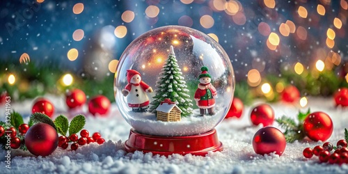 Snow globe with charming Christmas scene on icy ground surrounded by vibrant red baubles photo