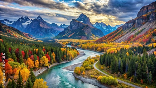 Scenic view of rugged mountain terrain with winding rivers and colorful trees