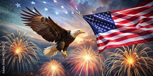 Flying eagle with American flag and fireworks in background for 4th of July celebration