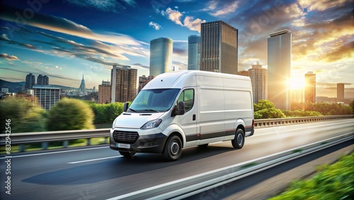 White modern delivery van speeding on motorway road to city photo