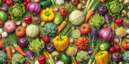 Seamless tonal vegetable pattern with various textures and colors