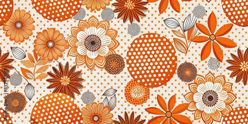 Collage of contemporary orange floral and polka dot shapes seamless pattern