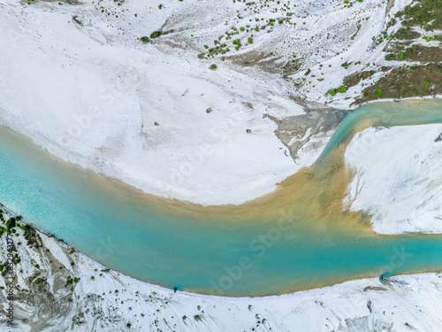 Top Down over Vjosa River National Park from a drone, Wild River, Albania, Europe photo