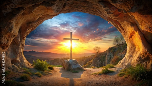 Dawn view of an empty tomb with a crucifixion background, symbolizing Jesus Christ rising from the dead on Easter Sunday photo
