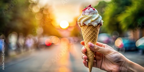 Hand holding a melting ice cream cone photo