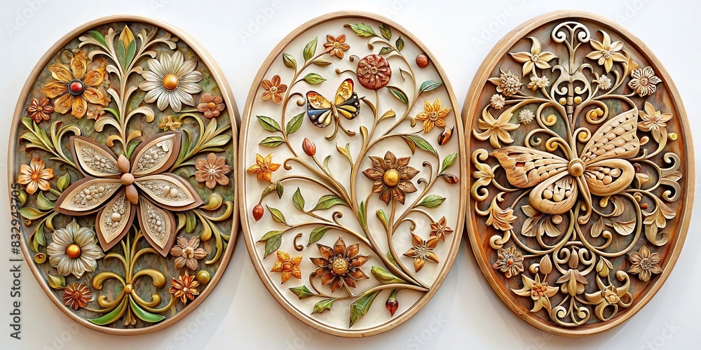 Panel wall art featuring oval-shaped works with intricate floral, leaf, and butterfly patterns for wall decoration