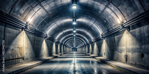 Dark and realistic underground tunnel corridor with concrete walls, white LED lights, and metal structure