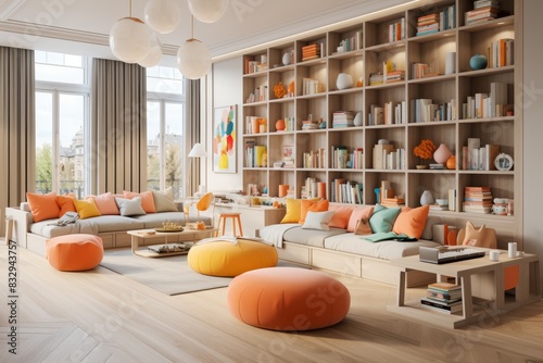 A modern living room with a large bookshelf, comfy sofa, colorful pillows, and orangeyellow accents. Bright and airy with ample natural light from expansive windows photo