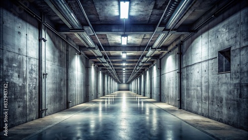 Spooky warehouse tunnel corridor with asphalt flooring, cement walls, and dim lighting photo
