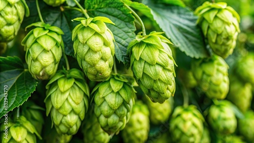 Close-up of green ripe hop cones with a background