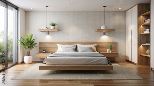 Minimalist bedroom with platform bed, white linens, and wall-mounted bedside table creating serene ambiance photo