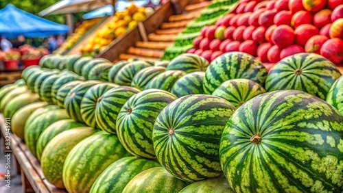 Fresh watermelons at farmers market, perfect for National Watermelon Day promotions photo