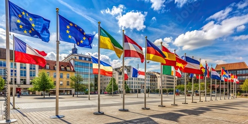 European Parliament Election Campaign with flags of different EU countries on display in a city square photo