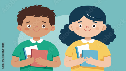 Two children proudly displaying their handmade prayer journals filled with drawings and writings from their time in Sunday School.. Vector illustration