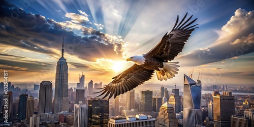 A powerful eagle soaring above a city skyline representing business leadership and ambition photo