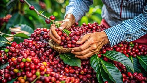 Detailed shot of hands harvesting fresh coffee cherries photo