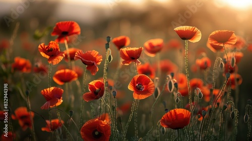 Blooming red poppies during the spring season