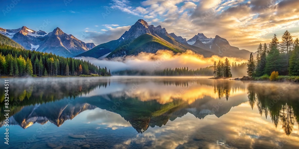 Majestic lake surrounded by foggy mountains in the morning