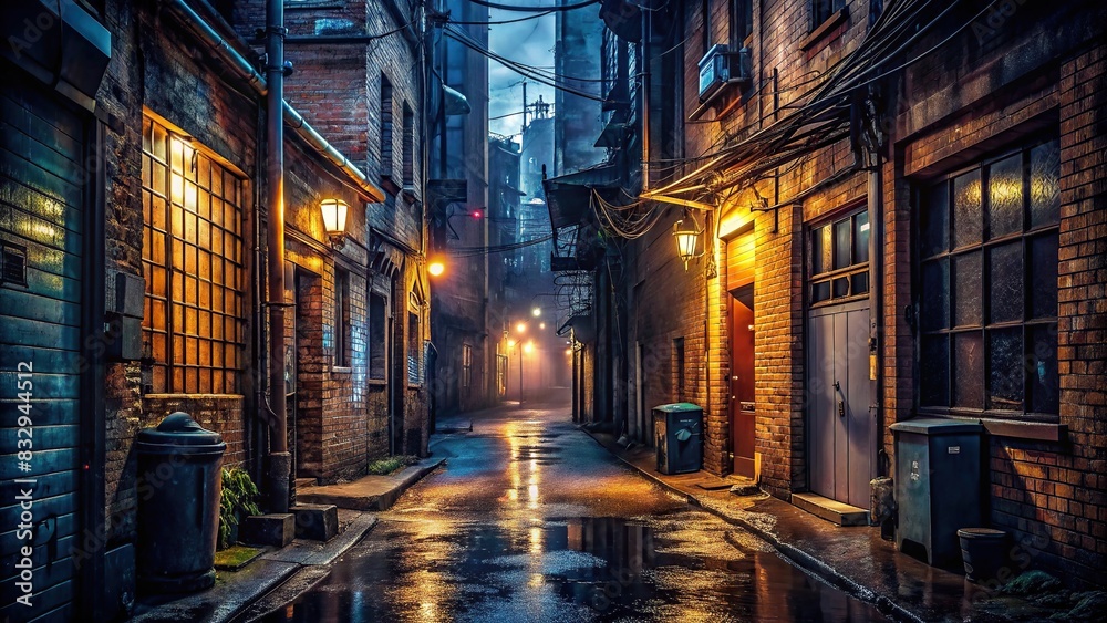 Dark and atmospheric urban back alley at night, featuring weathered architecture, flickering lights, and a soggy street
