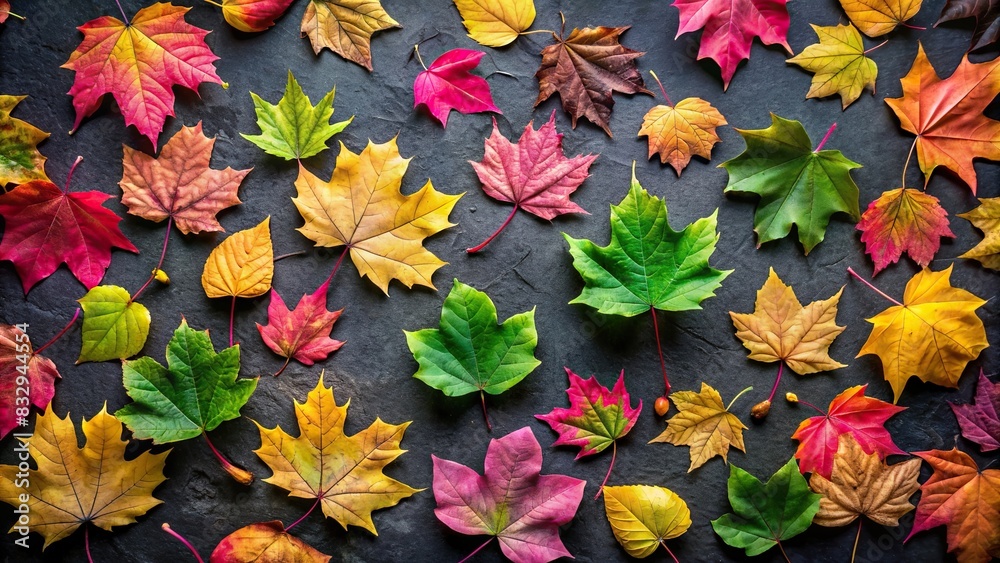 Pink, green, and golden autumn leaves scattered on a black surface