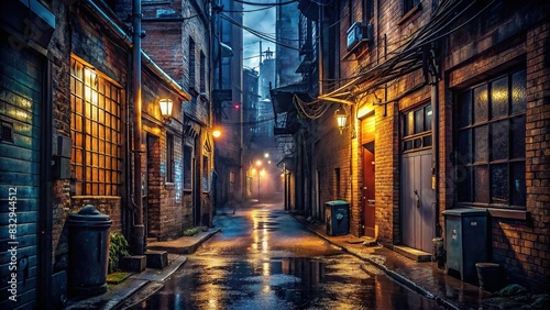 Dark and atmospheric urban back alley at night  featuring weathered architecture  flickering lights  and a soggy street