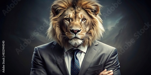 A fierce and powerful lion wearing a suit and tie symbolizing corporate success, dominance, and strength