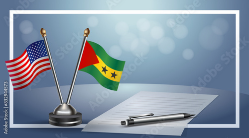 USA and Sao Tome and Principe Small national flag on bokeh background, cooperative relationship