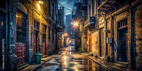 Dark and atmospheric urban back alley at night  featuring weathered architecture  flickering lights  and a soggy street