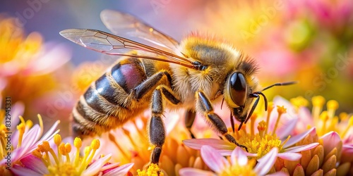Close-up image of a honey bee collecting nectar from a flower photo