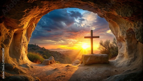 of an empty tomb at dawn with a crucifix in the background, symbolizing the resurrection of Jesus Christ