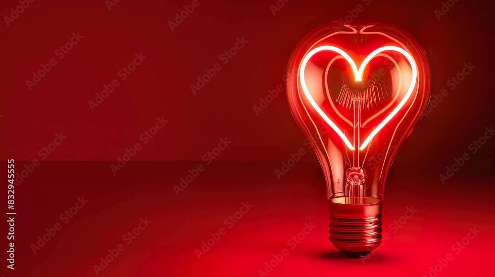 Light bulb with a glowing heart shape inside on a red background made with Ai generative technology Light bulb with a glowing heart shape inside on a red background made with Ai generative technology