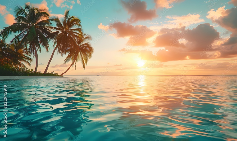 Fototapeta premium experience a tropical paradise with swaying palm tree and glistening turquoise water and golden sun rays, Generative AI