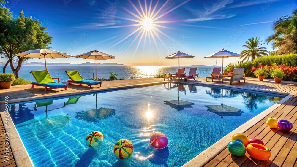 Description Sparkling swimming pool under the bright sun, with floating toys and diving board, surrounded by luxurious beach chairs and parasols