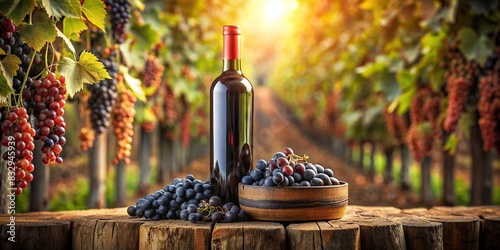 Bottle of red wine surrounded by grape vines in a winery cellar photo