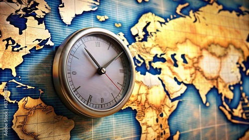 A concept of limited time last-minute travel deals A clock ticking with a world map in the background photo