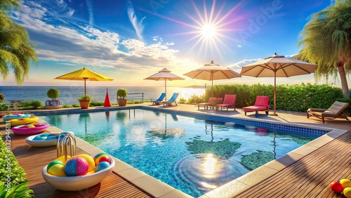 Description Sparkling swimming pool under the bright sun, with floating toys and diving board, surrounded by luxurious beach chairs and parasols photo