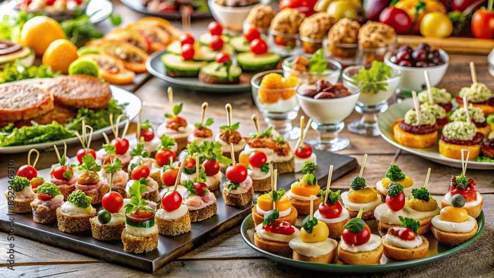Catering table with a variety of delicious canapes, snacks, and appetizers
