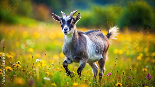 Contented pygmy goat happily prancing in a vibrant meadow photo