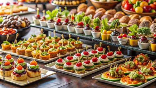 Catering table with a variety of delicious canapes, snacks, and appetizers photo