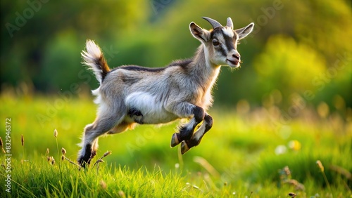 Playful pygmy goat joyfully leaping in a lush green pasture photo