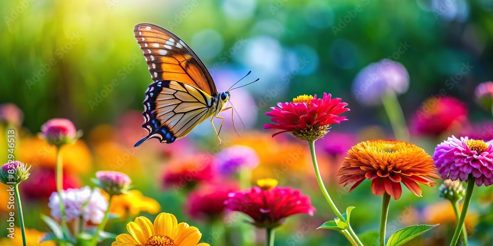 Bird flying above colorful garden with butterfly in foreground