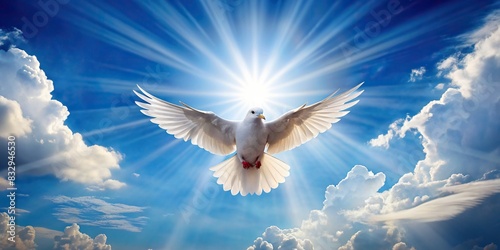 A symbolic representation of the Saint Spirit with a white dove in a heavenly atmosphere of sun rays and clear blue sky photo