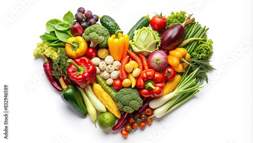 Heart shape made from various vegetables  isolated on white background