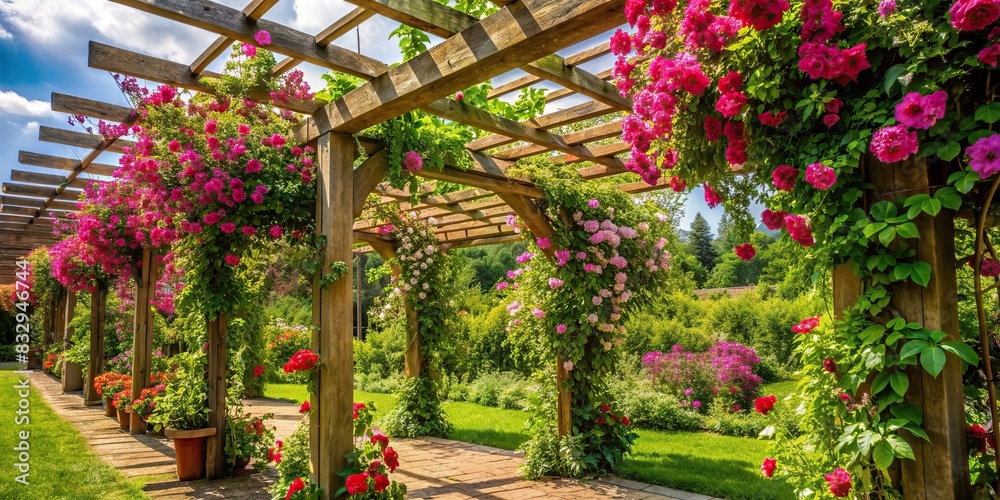 Flowering vines on rustic trellises with structured greenery