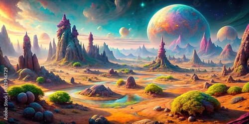Surreal alien planet landscape featuring vibrant colors and bizarre rock formations photo