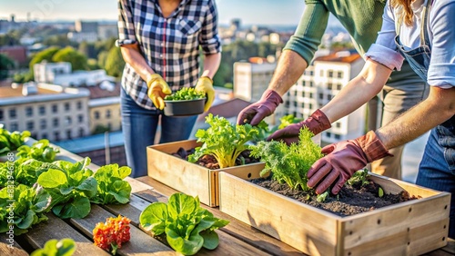 Hands caring for rooftop vegetable garden in urban setting promoting sustainability
