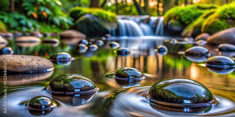 Tranquil scene of water droplets resting on smooth rocks in a creek