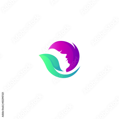 beautiful girl logo with natural leaf combination in modern vector design style