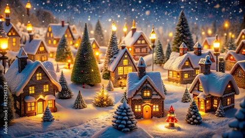 Whimsical Christmas winter fairy village landscape with snow-covered houses and twinkling lights photo