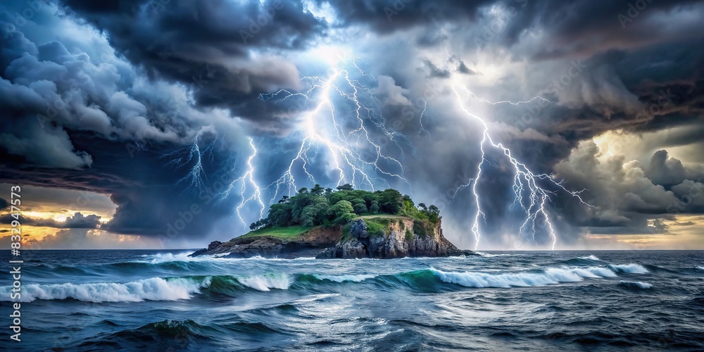 A dramatic stormy island with dark clouds, lightning, crashing waves, and pouring rain